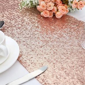 16 Rose Gold Sequin 12x120 Table Runners and 90” Round Tablecloth